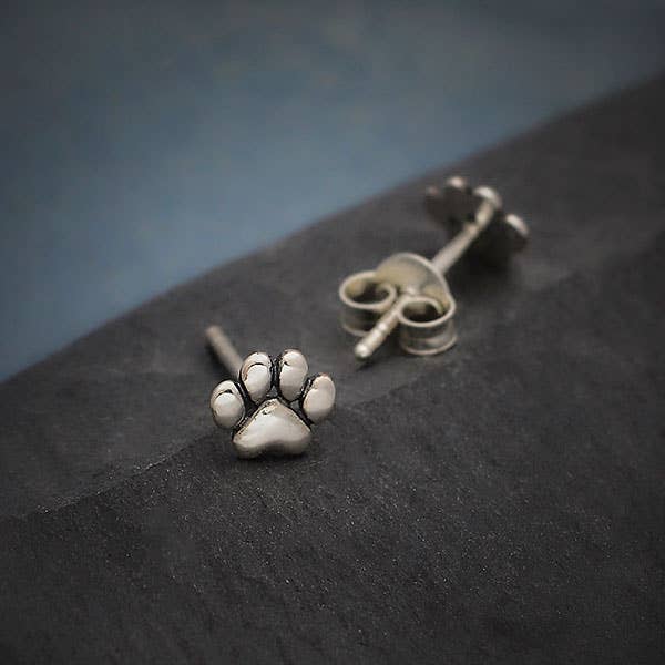 Sterling Silver Tiny Puffed Paw Post Earrings 5x6mm